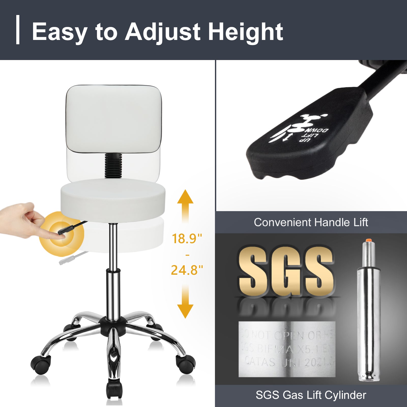 OmySalon Hydraulic Gas Lift Rolling Adjustable Salon Chair Stool with Backrest Black/White