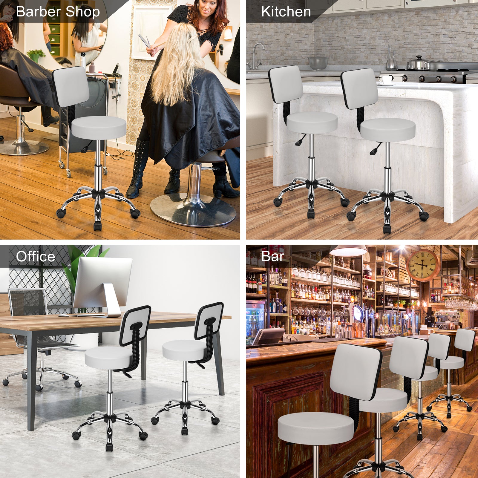 OmySalon Hydraulic Gas Lift Rolling Adjustable Salon Chair Stool with Backrest Black/White