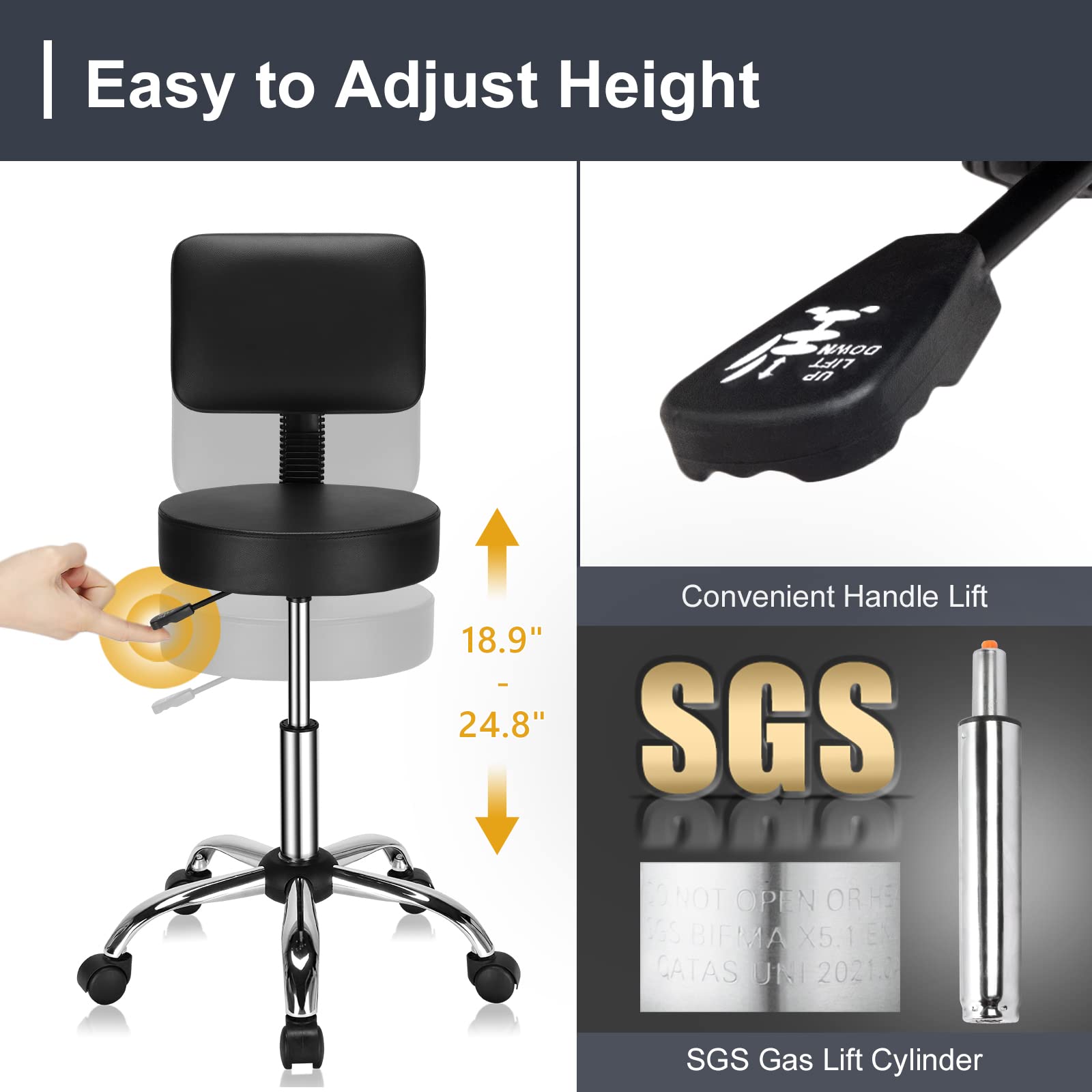 OmySalon Hydraulic Gas Lift Rolling Adjustable Salon Chair Stool with Backrest Black/White