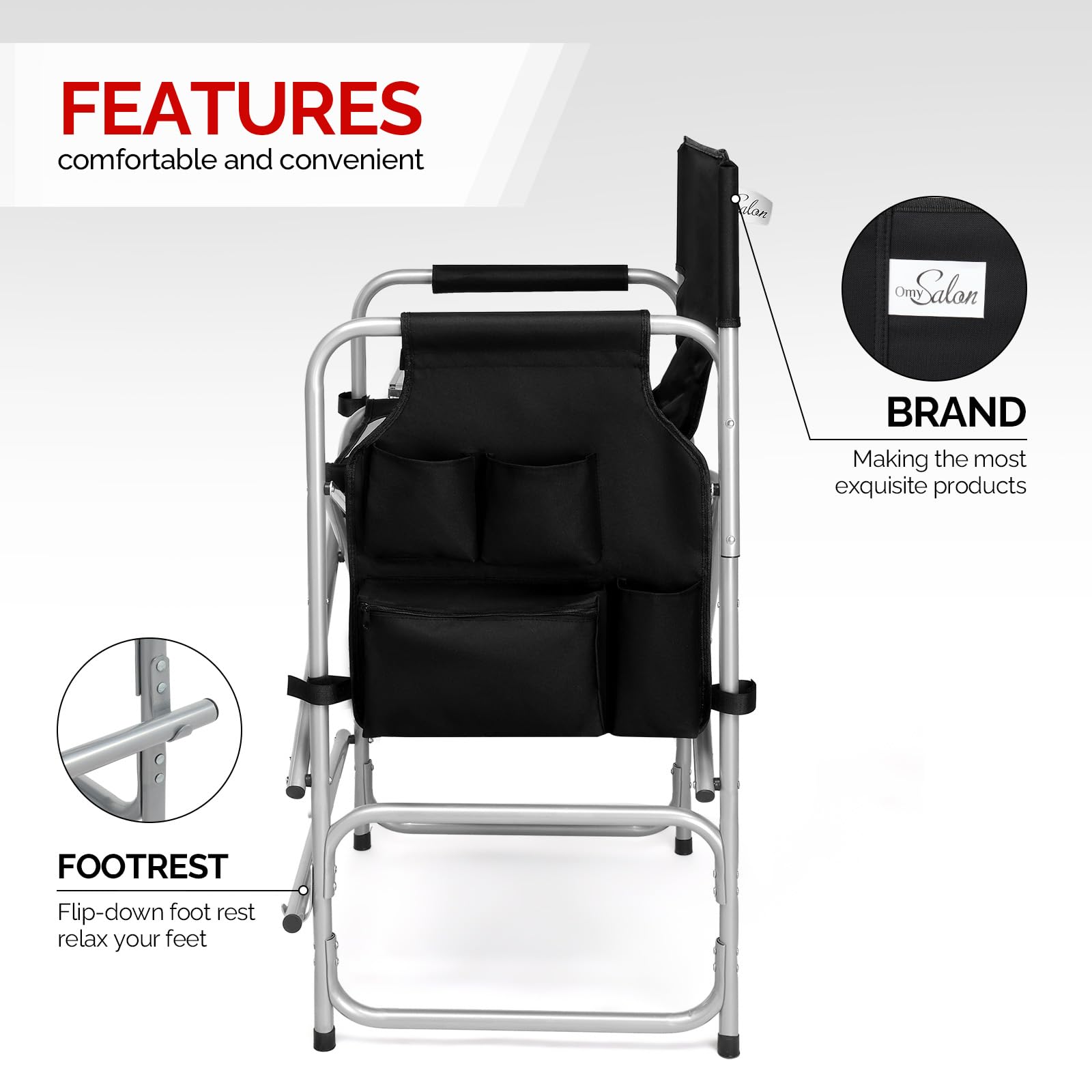 OmySalon 26" Tall Portable Folding Directors Chair with Side Table